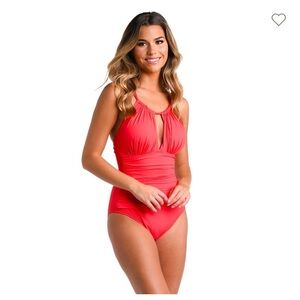 NWT La Blanca Island Goddess High Neck Keyhole One Piece Guava Size 16